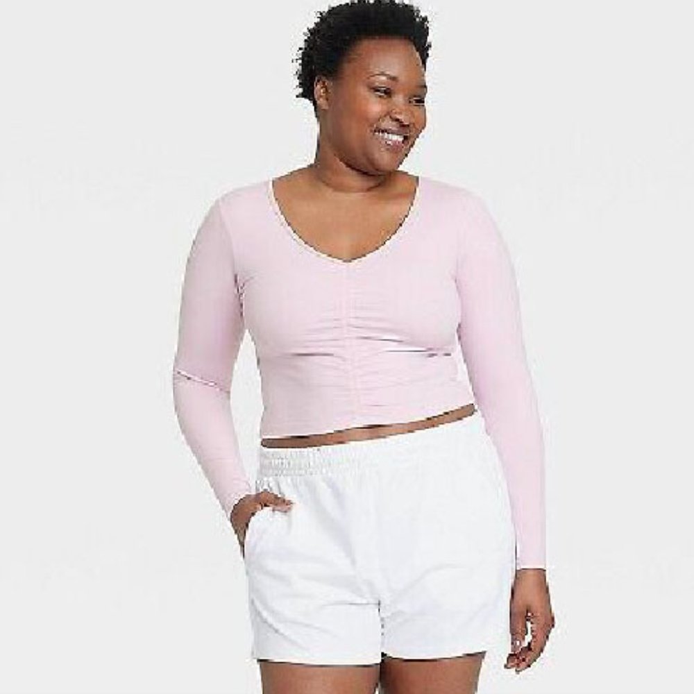 NEW! Women's Pink 1X Flex Shirred Cropped Long Sleeve Shirt Target All In Motion